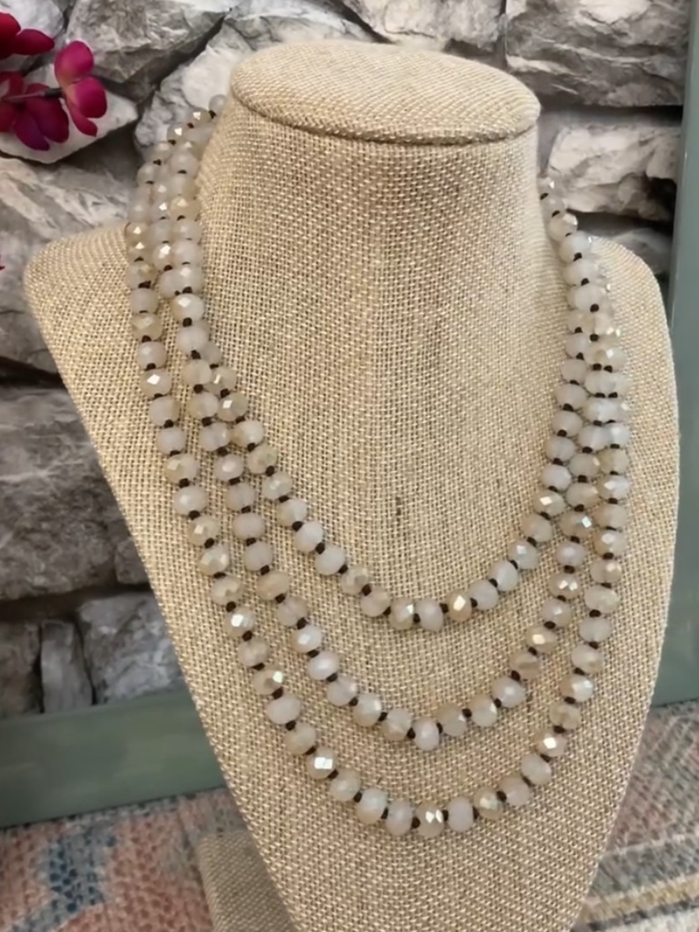 Vintage Milky Quartz Crystal Stones Beads Art Deco Flapper 56” Long Necklace